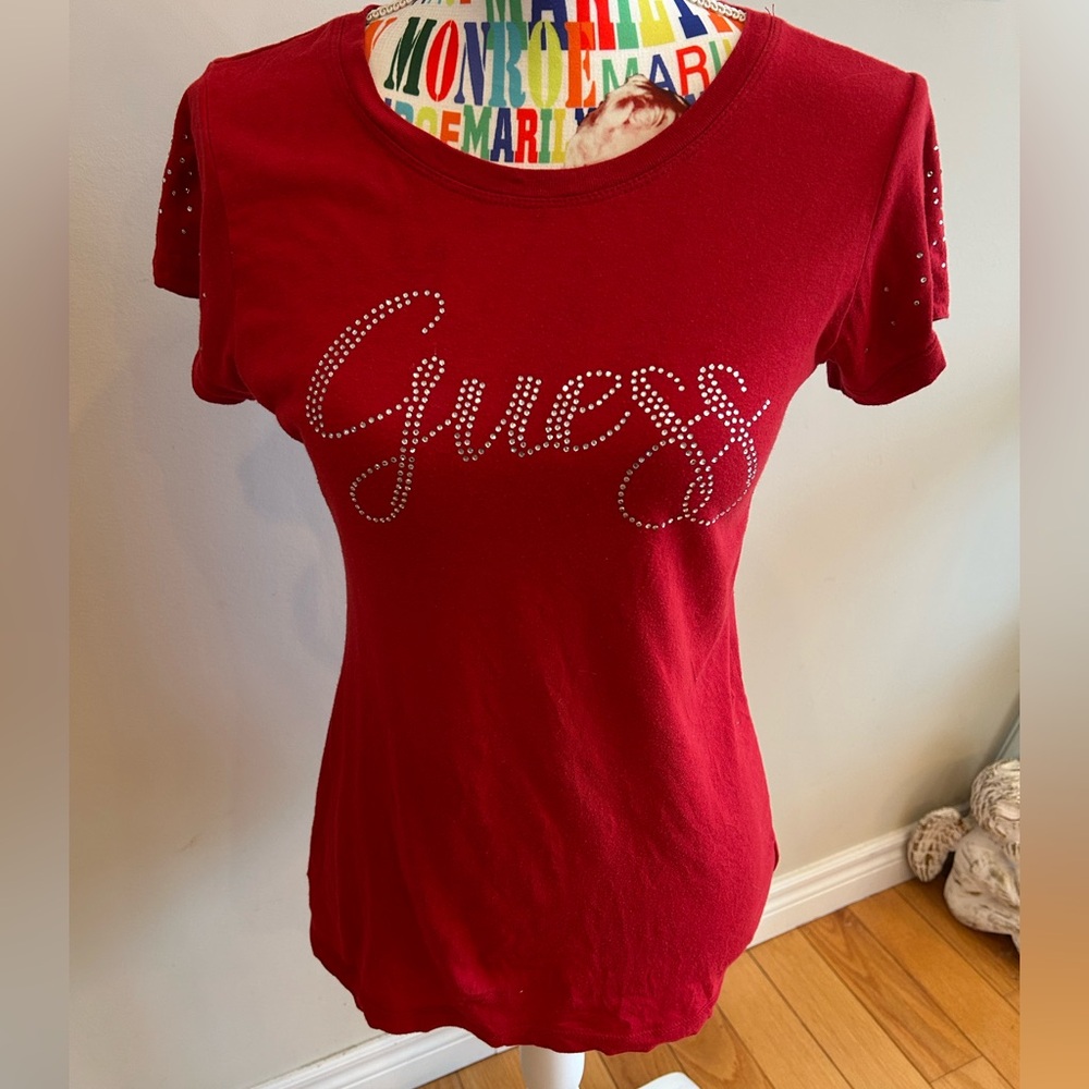 Guess Red T-Shirt with Rhinestone Logo 100% Cotton